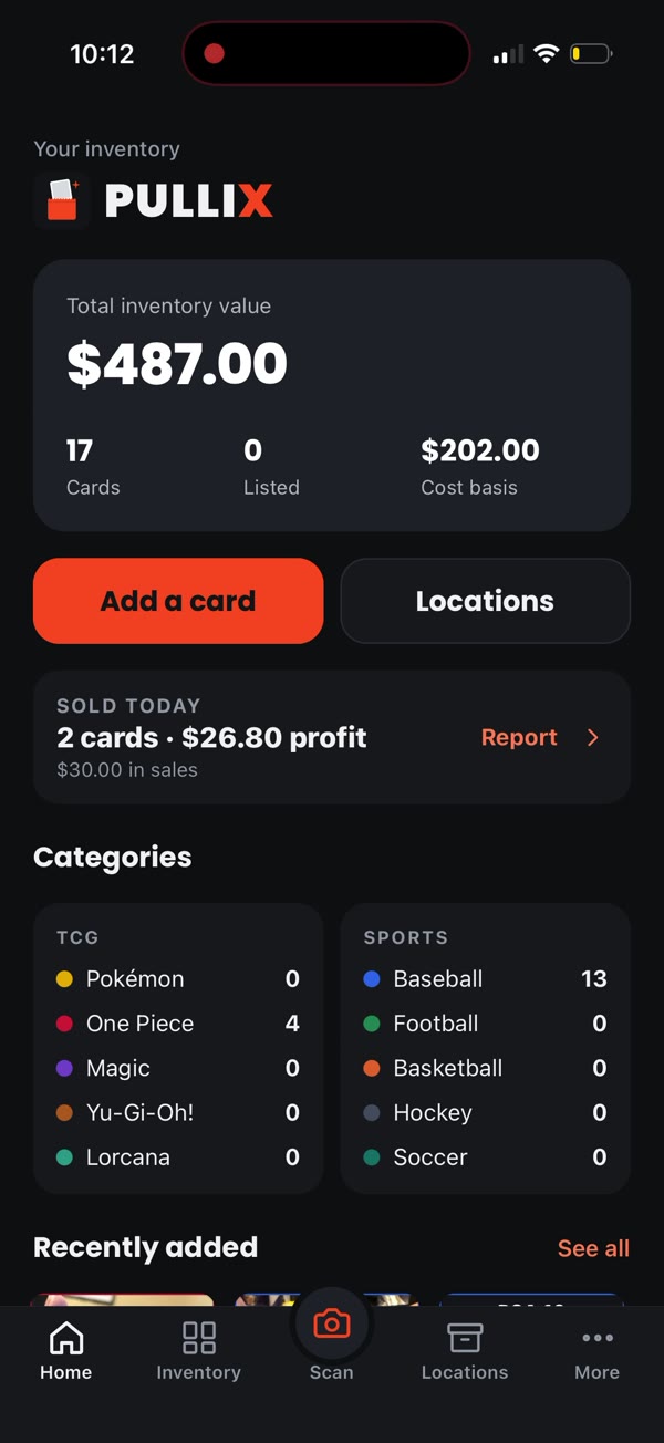 Pullix home screen with inventory value